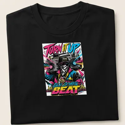 Vibrant retro graphic of a boombox with the text 'TURN IT UP OLD SCHOOL BEAT'