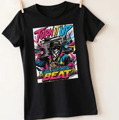 Vibrant retro graphic of a boombox with the text 'TURN IT UP OLD SCHOOL BEAT' — printed on a women's shirt