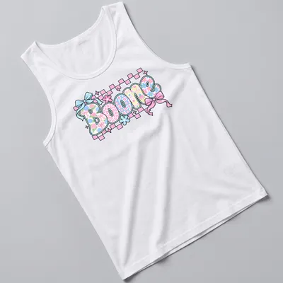 Vintage t-shirt featuring 'Boone' in floral pattern with pink, blue, green, and white colors. — printed on a tank top