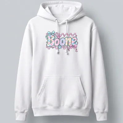 Vintage t-shirt featuring 'Boone' in floral pattern with pink, blue, green, and white colors. — printed on a unisex hoodie