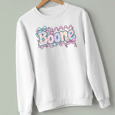 Vintage t-shirt featuring 'Boone' in floral pattern with pink, blue, green, and white colors. — printed on a unisex sweatshirt