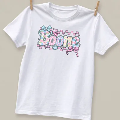 Vintage t-shirt featuring 'Boone' in floral pattern with pink, blue, green, and white colors.
