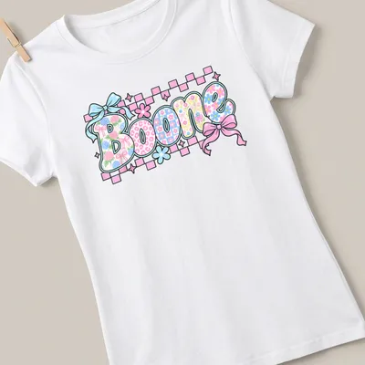 Vintage t-shirt featuring 'Boone' in floral pattern with pink, blue, green, and white colors. — printed on a women's shirt