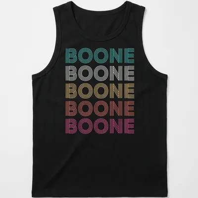 Brightly colored Boone t-shirt with playful striped text design. — printed on a tank top