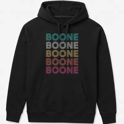 Brightly colored Boone t-shirt with playful striped text design. — printed on a unisex hoodie