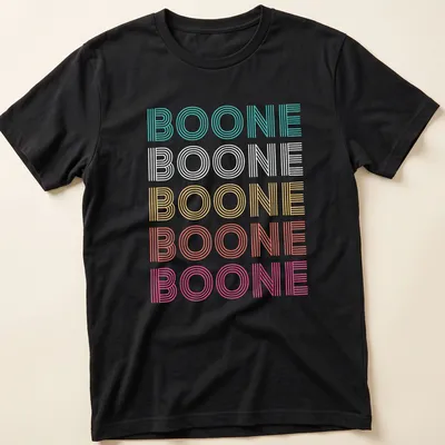 Brightly colored Boone t-shirt with playful striped text design.