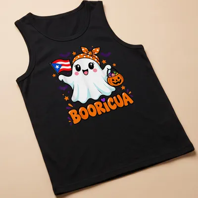 Kawaii ghost holding Halloween treats with Puerto Rican flag and colorful text — printed on a tank top