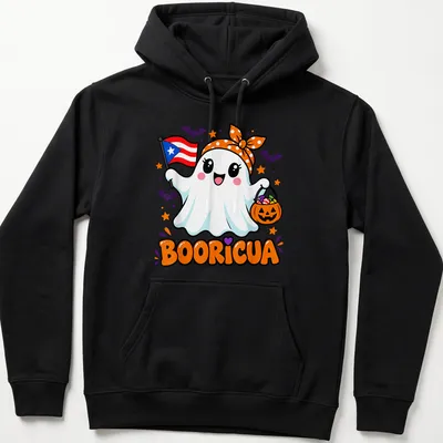 Kawaii ghost holding Halloween treats with Puerto Rican flag and colorful text — printed on a unisex hoodie