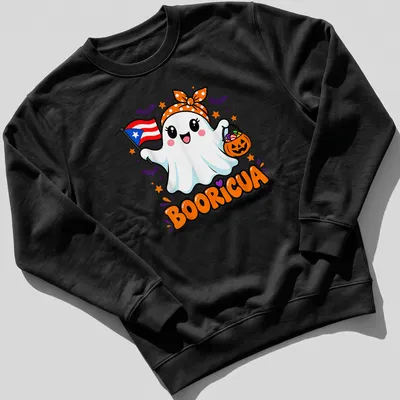 Kawaii ghost holding Halloween treats with Puerto Rican flag and colorful text — printed on a unisex sweatshirt