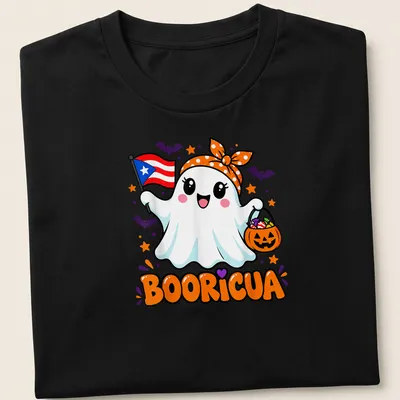 Kawaii ghost holding Halloween treats with Puerto Rican flag and colorful text