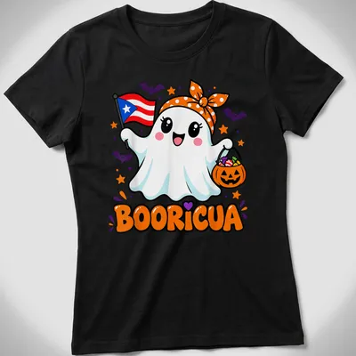 Kawaii ghost holding Halloween treats with Puerto Rican flag and colorful text — printed on a women's shirt