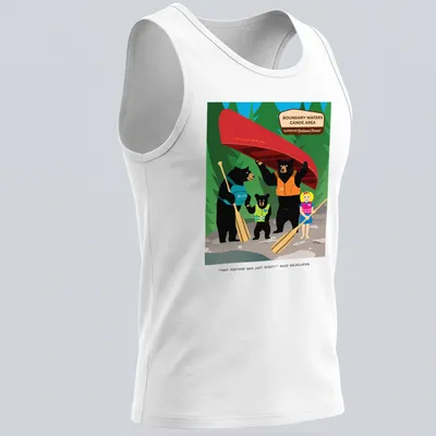 Colorful cartoon of bears and Goldilocks with humorous text about portaging. — printed on a tank top