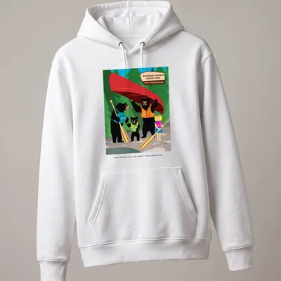 Colorful cartoon of bears and Goldilocks with humorous text about portaging. — printed on a unisex hoodie