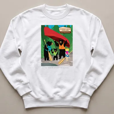 Colorful cartoon of bears and Goldilocks with humorous text about portaging. — printed on a unisex sweatshirt
