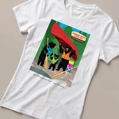 Colorful cartoon of bears and Goldilocks with humorous text about portaging. — printed on a women's shirt