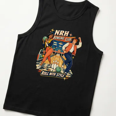 Retro t-shirt featuring NRH Bowling Club characters with vibrant colors. — printed on a tank top