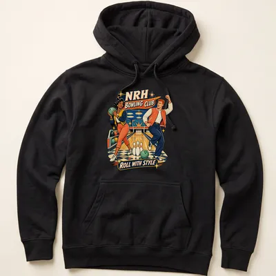 Retro t-shirt featuring NRH Bowling Club characters with vibrant colors. — printed on a unisex hoodie