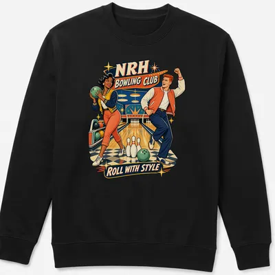 Retro t-shirt featuring NRH Bowling Club characters with vibrant colors. — printed on a unisex sweatshirt