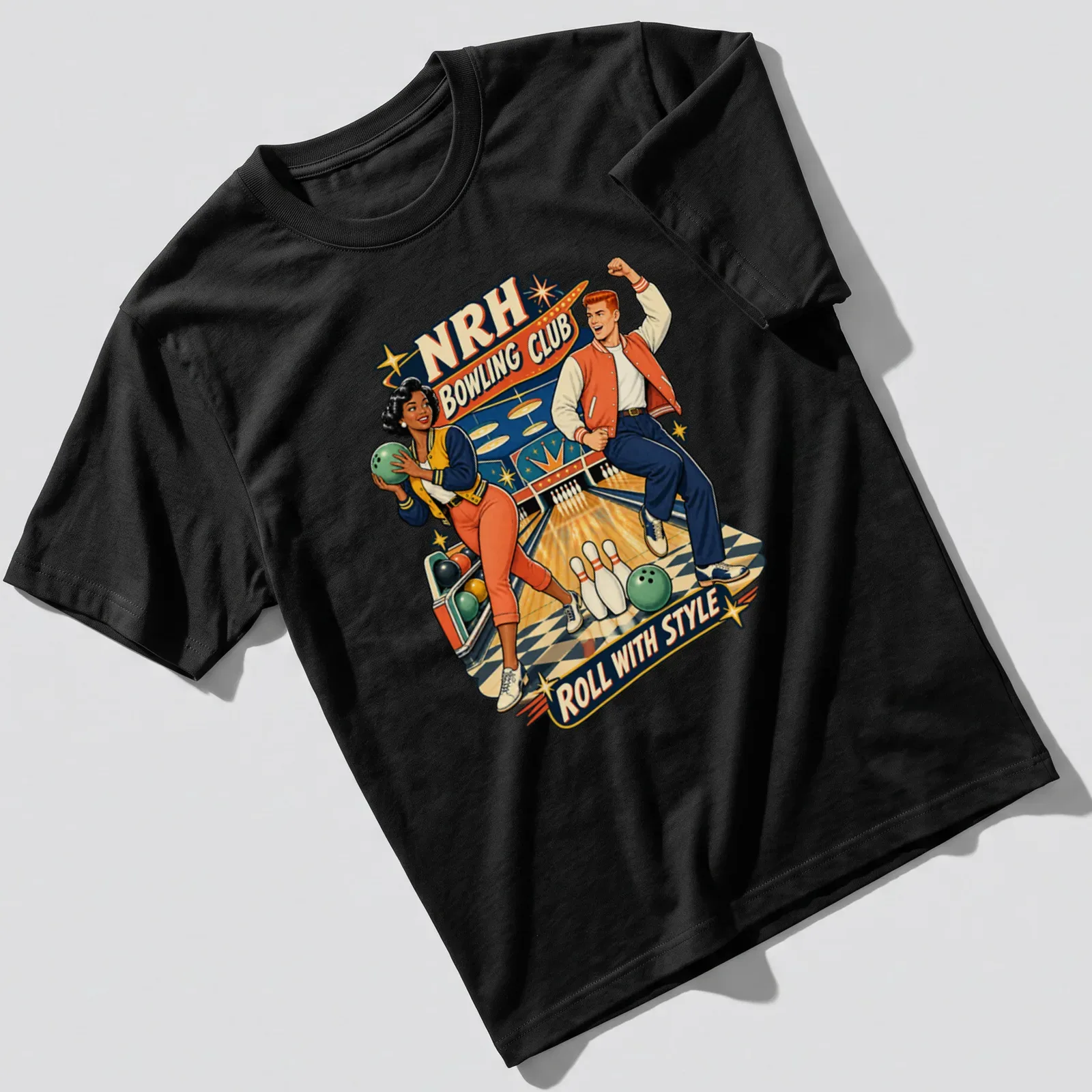 Retro t-shirt featuring NRH Bowling Club characters with vibrant colors. — printed on a unisex t-shirt