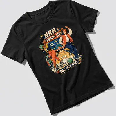 Retro t-shirt featuring NRH Bowling Club characters with vibrant colors. — printed on a women's shirt