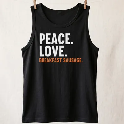 Bold text design featuring 'Peace. Love. Breakfast Sausage.' on a white tee. — printed on a tank top