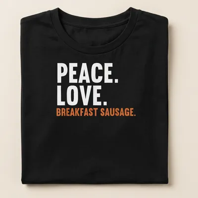 Bold text design featuring 'Peace. Love. Breakfast Sausage.' on a white tee. — printed on a women's shirt