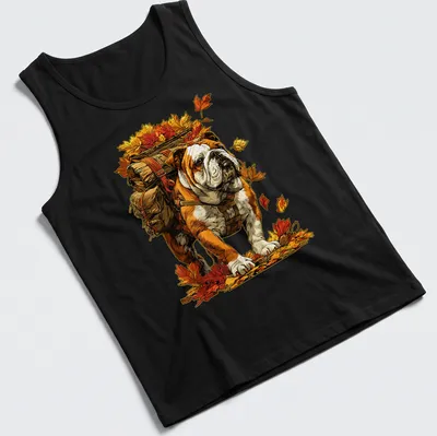 Illustration of a British Bulldog hiking with colorful fall leaves — printed on a tank top