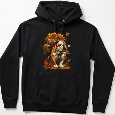Illustration of a British Bulldog hiking with colorful fall leaves — printed on a unisex hoodie