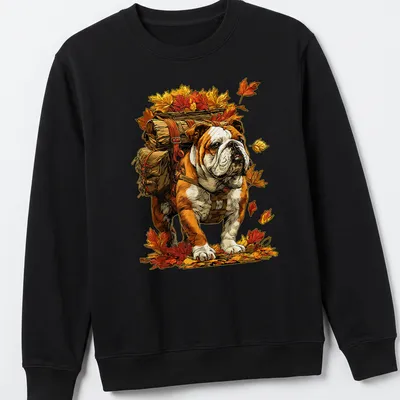 Illustration of a British Bulldog hiking with colorful fall leaves — printed on a unisex sweatshirt
