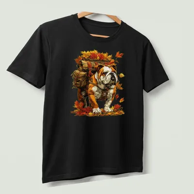 Illustration of a British Bulldog hiking with colorful fall leaves — printed on a unisex t-shirt (angled view)