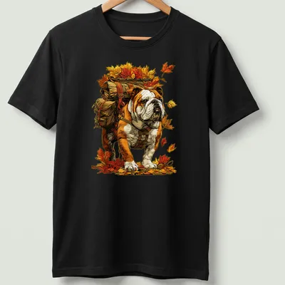 Illustration of a British Bulldog hiking with colorful fall leaves
