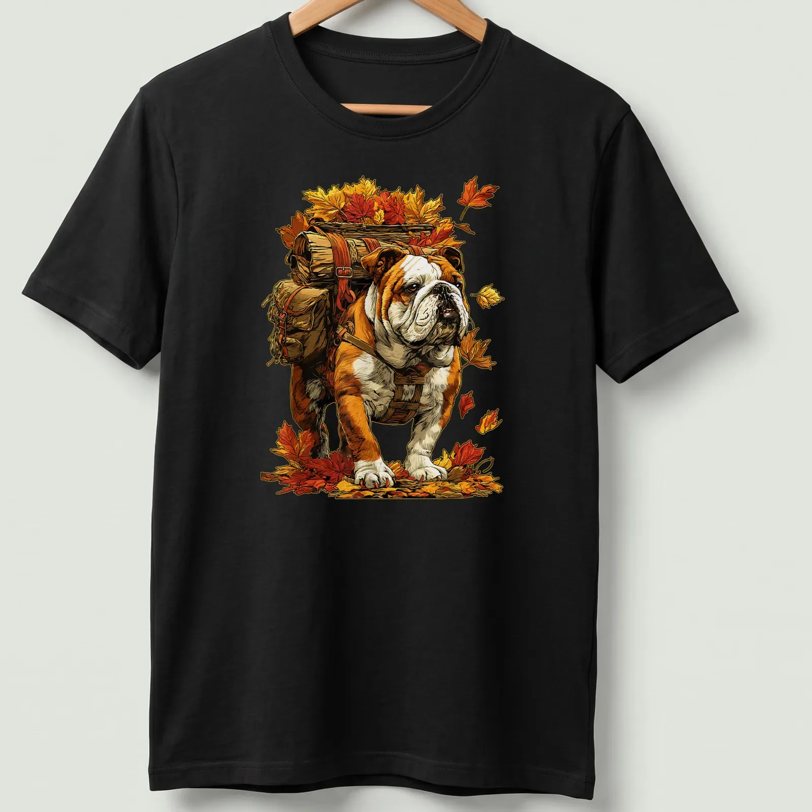 Illustration of a British Bulldog hiking with colorful fall leaves — printed on a unisex t-shirt