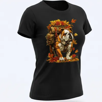 Illustration of a British Bulldog hiking with colorful fall leaves — printed on a women's shirt