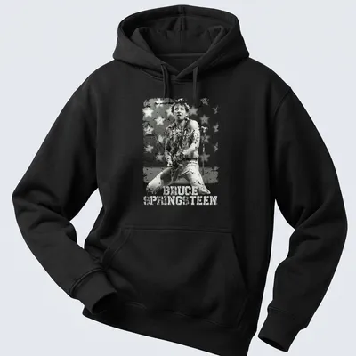 Retro vintage tee featuring Bruce Springsteen in distressed print — printed on a unisex hoodie