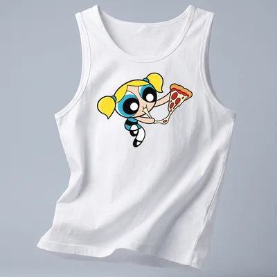 Cartoon of Bubbles enjoying a slice of pizza with colorful elements — printed on a tank top