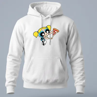 Cartoon of Bubbles enjoying a slice of pizza with colorful elements — printed on a unisex hoodie