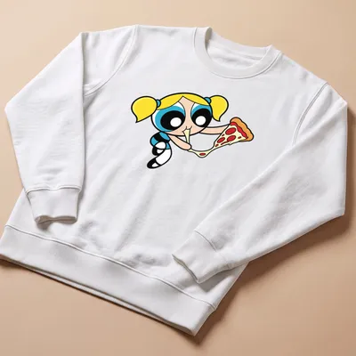 Cartoon of Bubbles enjoying a slice of pizza with colorful elements — printed on a unisex sweatshirt
