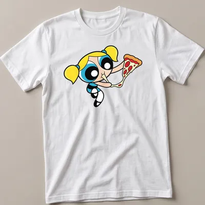 Cartoon of Bubbles enjoying a slice of pizza with colorful elements