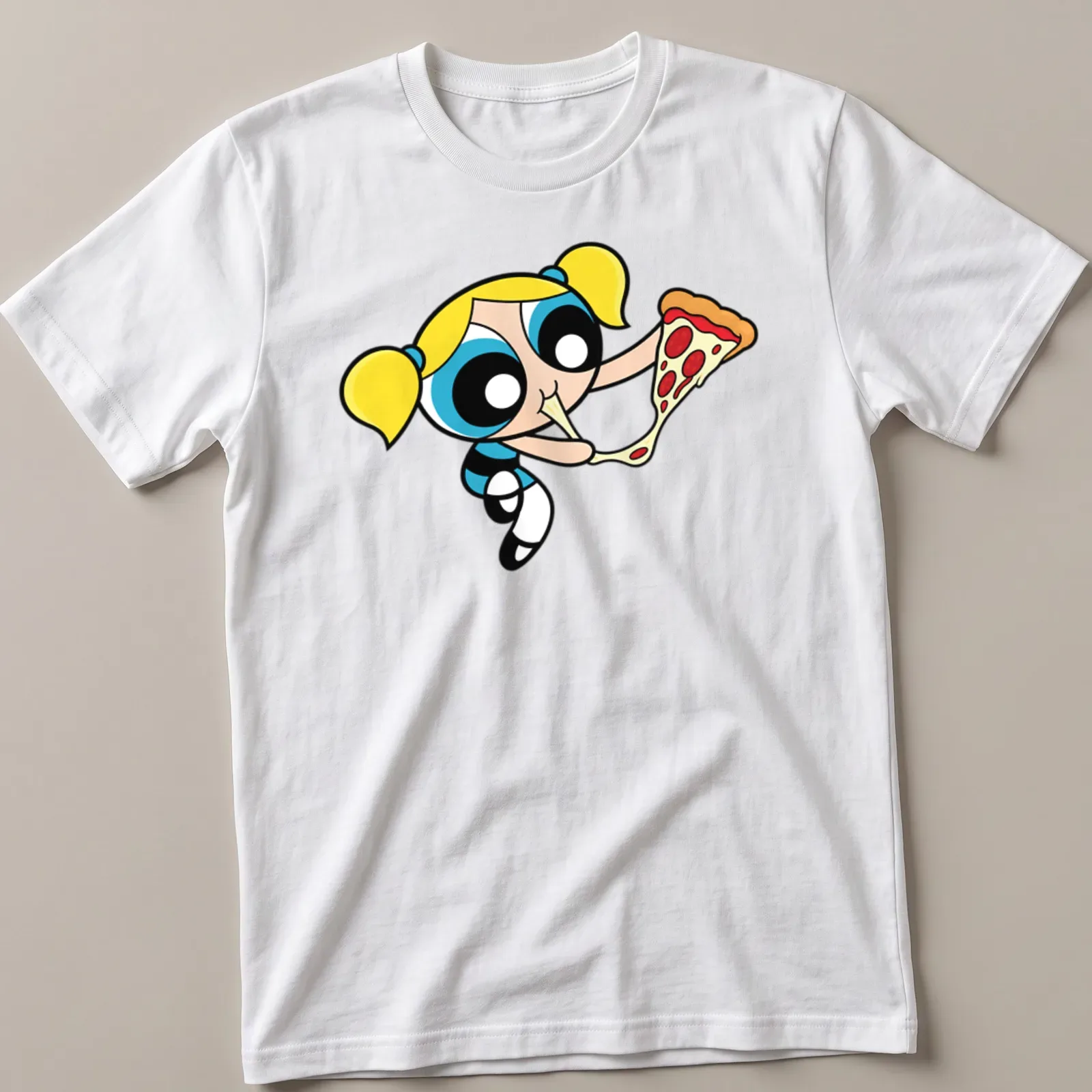 Cartoon of Bubbles enjoying a slice of pizza with colorful elements — printed on a unisex t-shirt