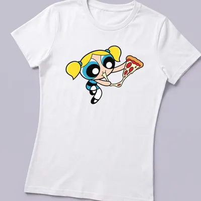 Cartoon of Bubbles enjoying a slice of pizza with colorful elements — printed on a women's shirt