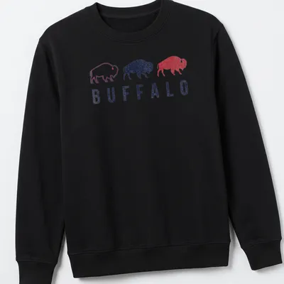 Distressed retro print featuring a bison silhouette with the word Buffalo — printed on a unisex sweatshirt
