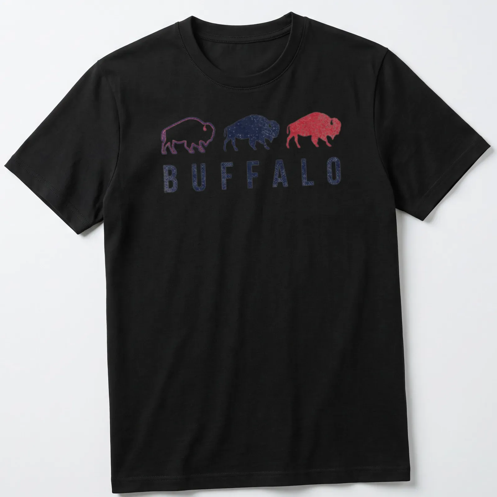 Distressed retro print featuring a bison silhouette with the word Buffalo — printed on a unisex t-shirt