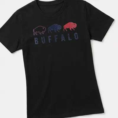 Distressed retro print featuring a bison silhouette with the word Buffalo — printed on a women's shirt