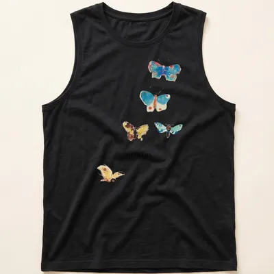 Watercolor print of colorful butterflies surrounding the word 'origins' in elegant script — printed on a tank top