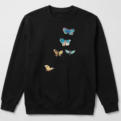 Watercolor print of colorful butterflies surrounding the word 'origins' in elegant script — printed on a unisex sweatshirt