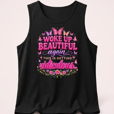 Colorful butterflies and whimsical text on a nature-inspired t-shirt. — printed on a tank top
