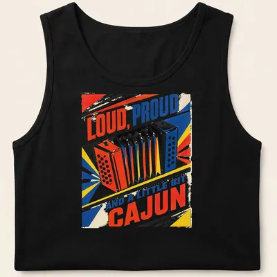 Retro design featuring bold text and Cajun accordion in bright colors — printed on a tank top
