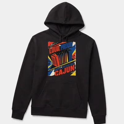 Retro design featuring bold text and Cajun accordion in bright colors — printed on a unisex hoodie
