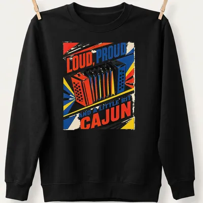 Retro design featuring bold text and Cajun accordion in bright colors — printed on a unisex sweatshirt