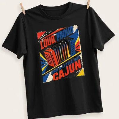 Retro design featuring bold text and Cajun accordion in bright colors